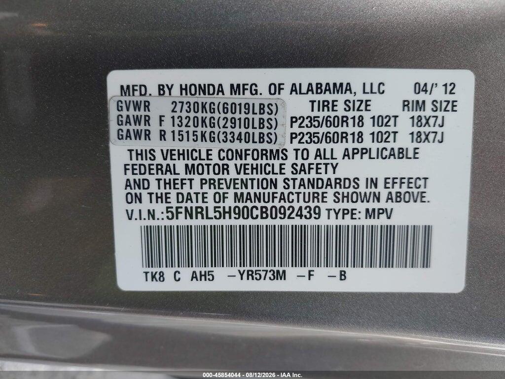 5FNRL5H90CB092439 2012 HONDA ODYSSEY photo no. 9