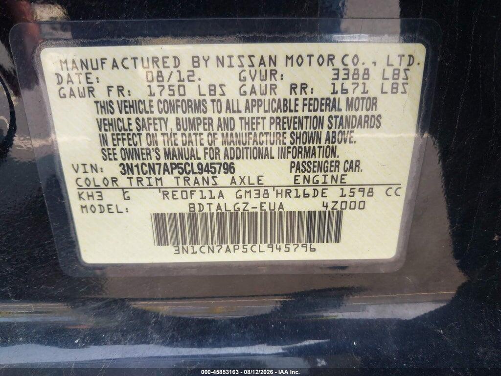 3N1CN7AP5CL945796 2012 NISSAN VERSA photo no. 9