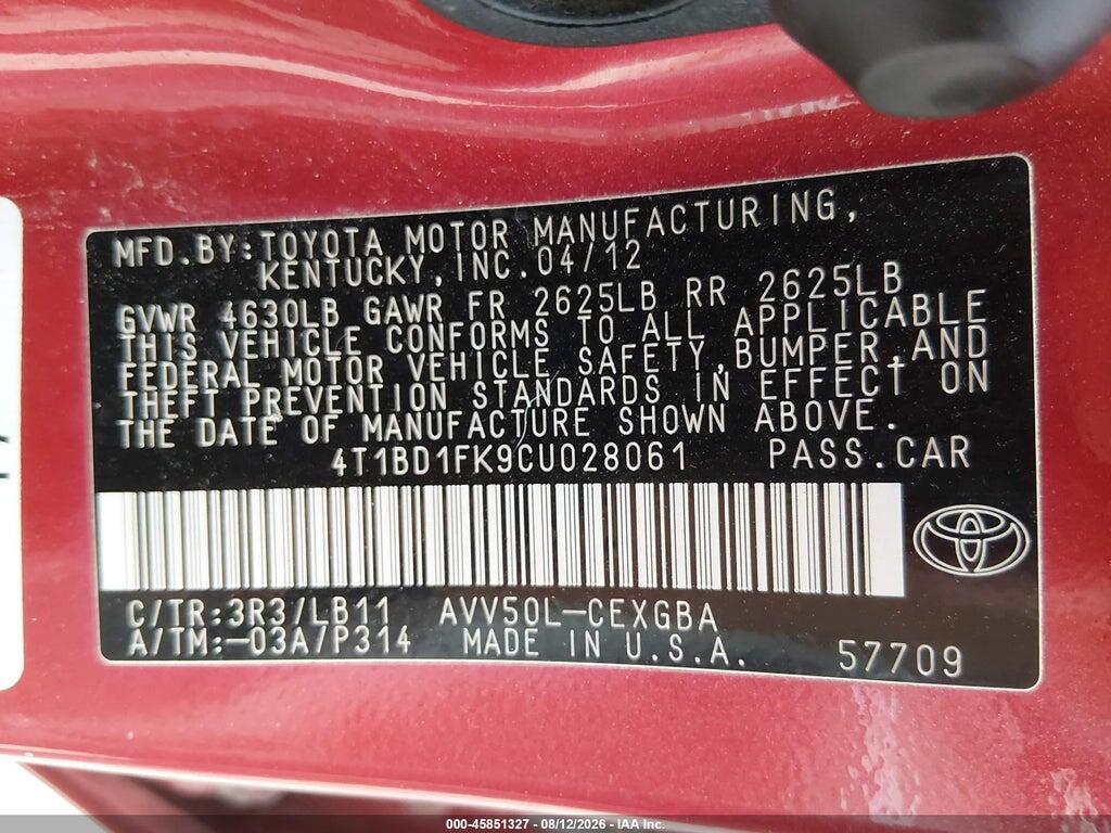 4T1BD1FK9CU028061 2012 TOYOTA CAMRY HYBRID photo no. 9