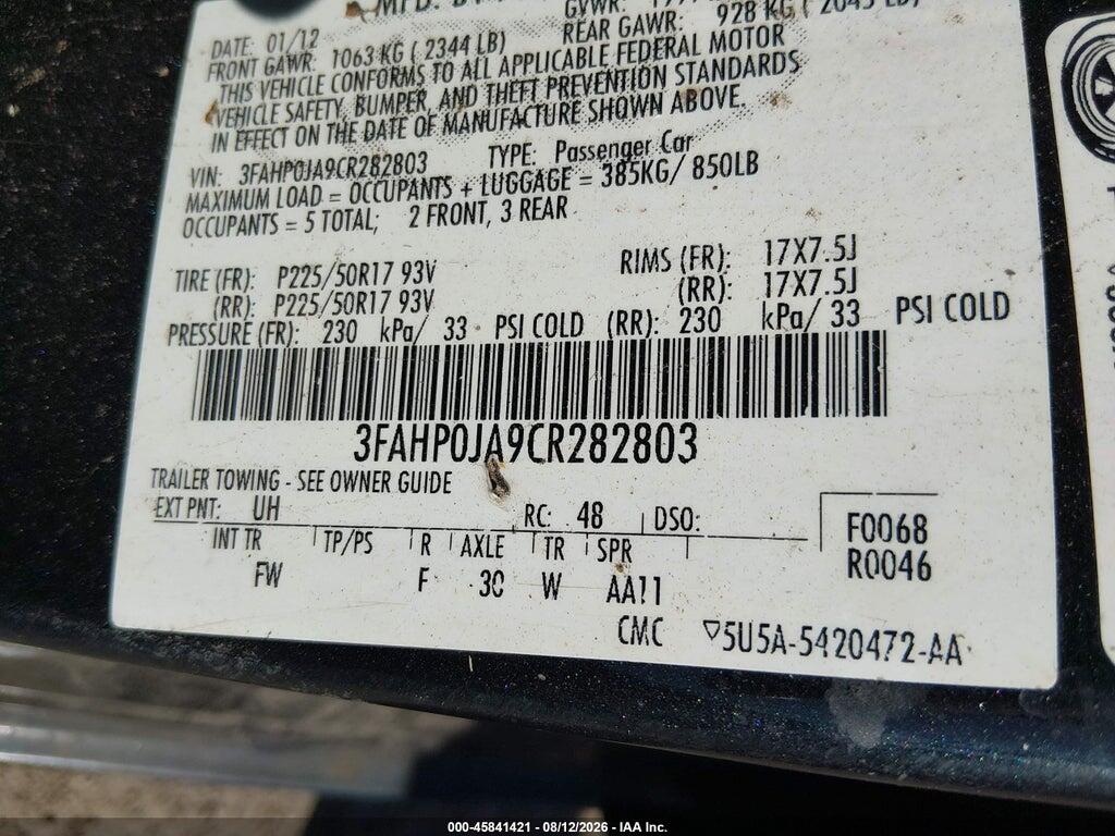 3FAHP0JA9CR282803 2012 FORD FUSION photo no. 9