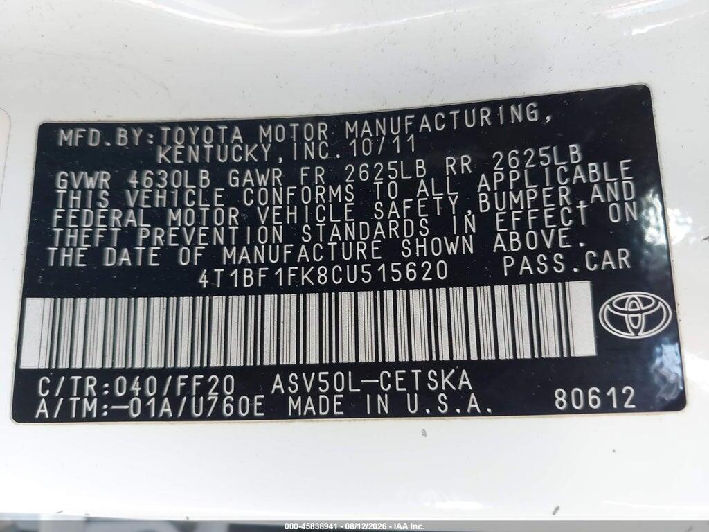 4T1BF1FK8CU515620 2012 TOYOTA CAMRY photo no. 9