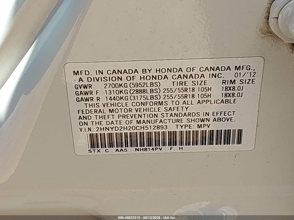 2HNYD2H20CH512893 2012 ACURA MDX photo no. 9