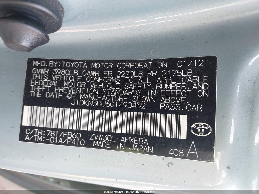JTDKN3DU6C1490452 2012 TOYOTA PRIUS photo no. 9