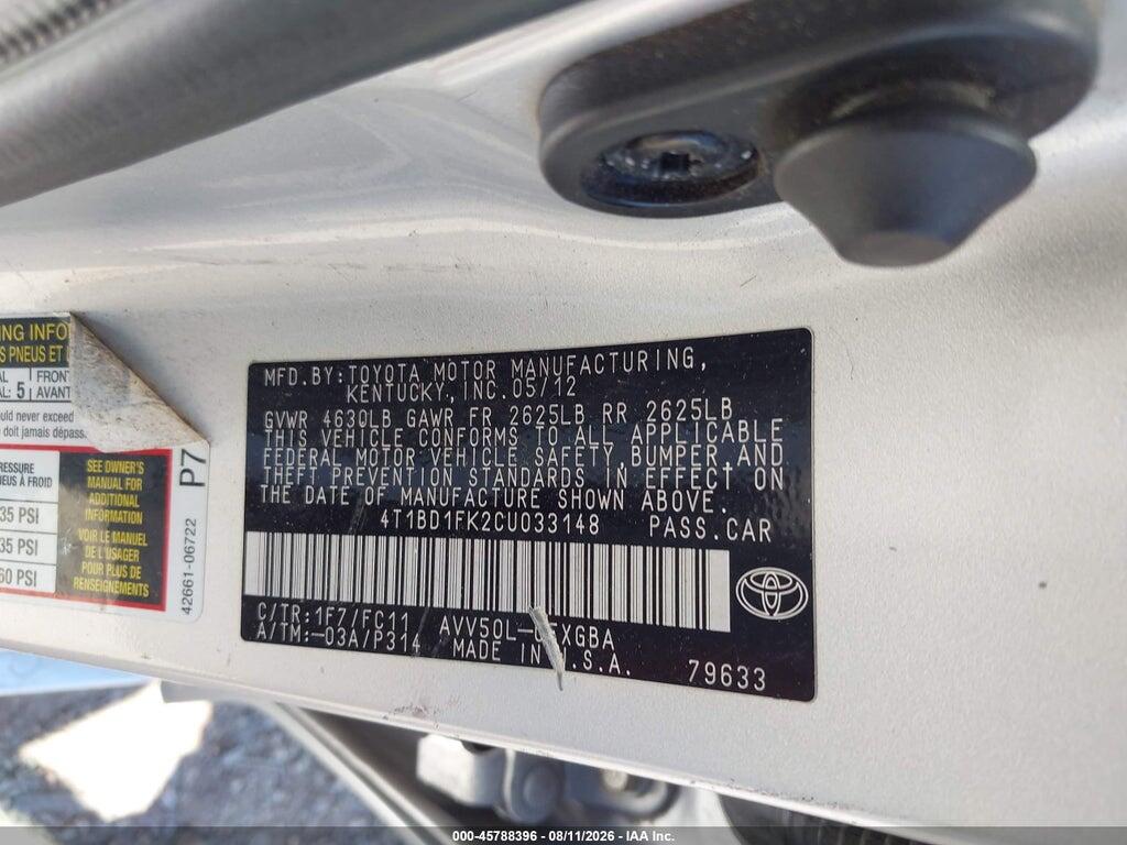 4T1BD1FK2CU033148 2012 TOYOTA CAMRY HYBRID photo no. 9