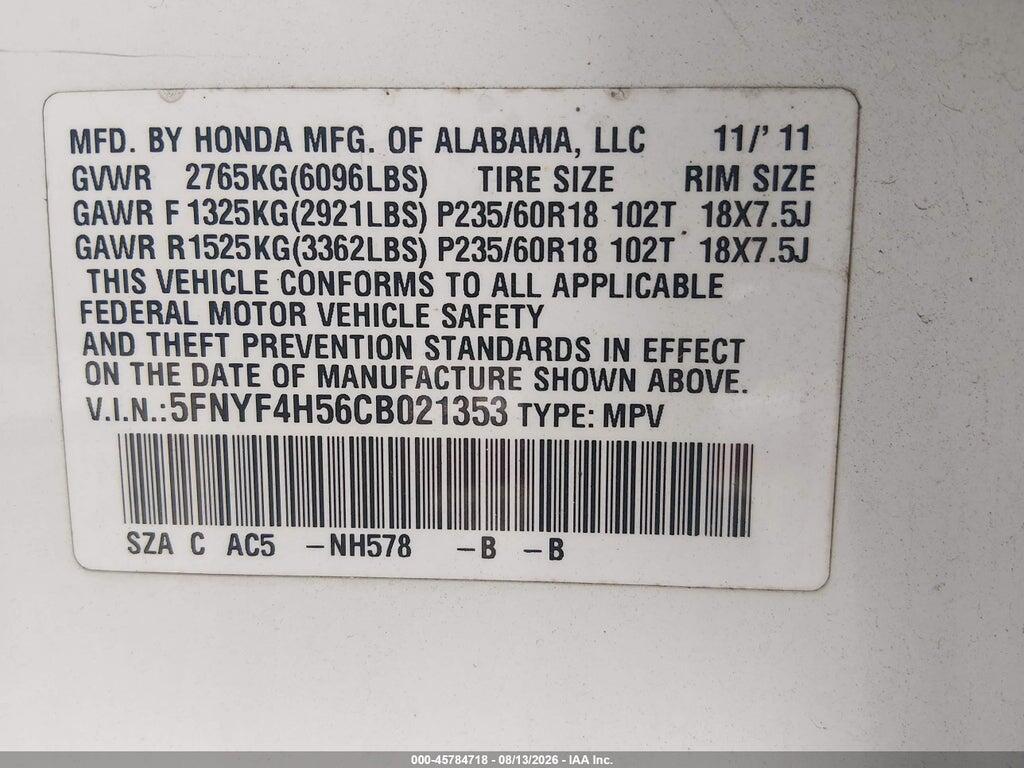5FNYF4H56CB021353 2012 HONDA PILOT photo no. 9