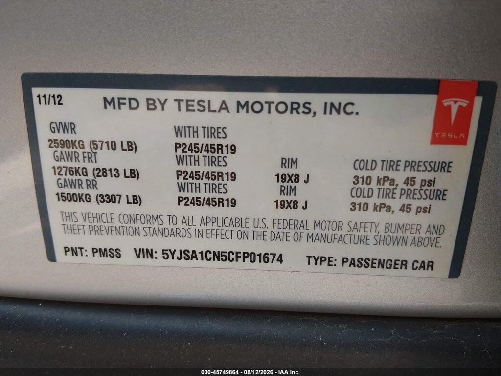5YJSA1CN5CFP01674 2012 TESLA MODEL S photo no. 9