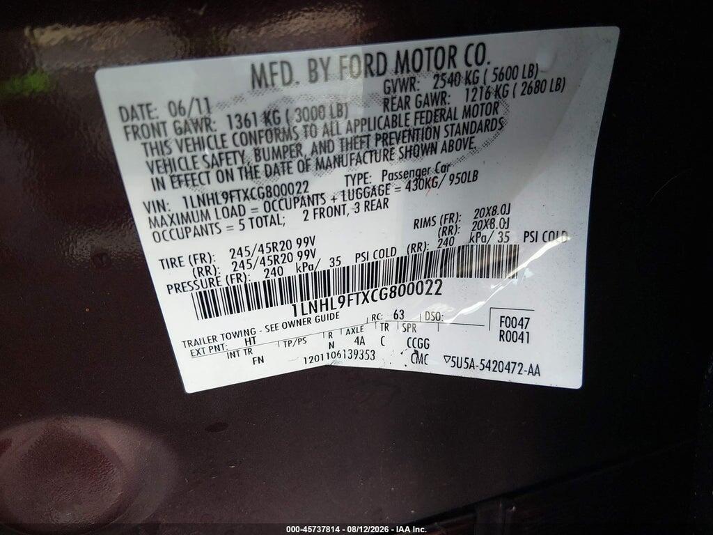 1LNHL9FTXCG800022 2012 LINCOLN MKS photo no. 9