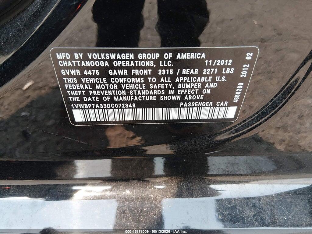 1VWBP7A33DC072348 2013 VOLKSWAGEN PASSAT photo no. 9
