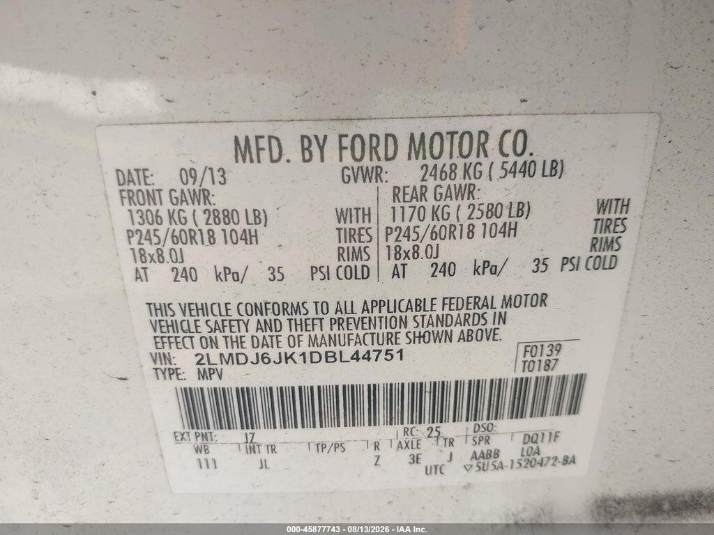 2LMDJ6JK1DBL44751 2013 LINCOLN MKX photo no. 9