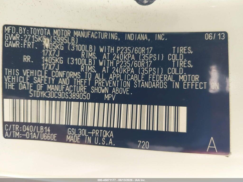 5TDYK3DC9DS389050 2013 TOYOTA SIENNA photo no. 9