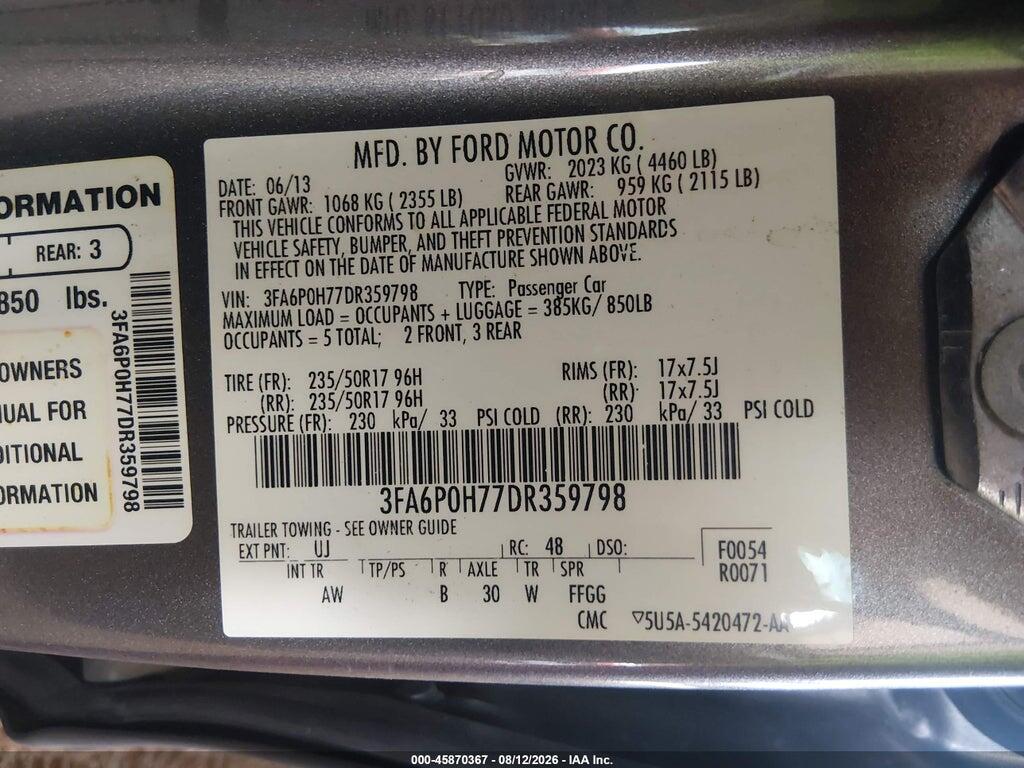 3FA6P0H77DR359798 2013 FORD FUSION photo no. 9