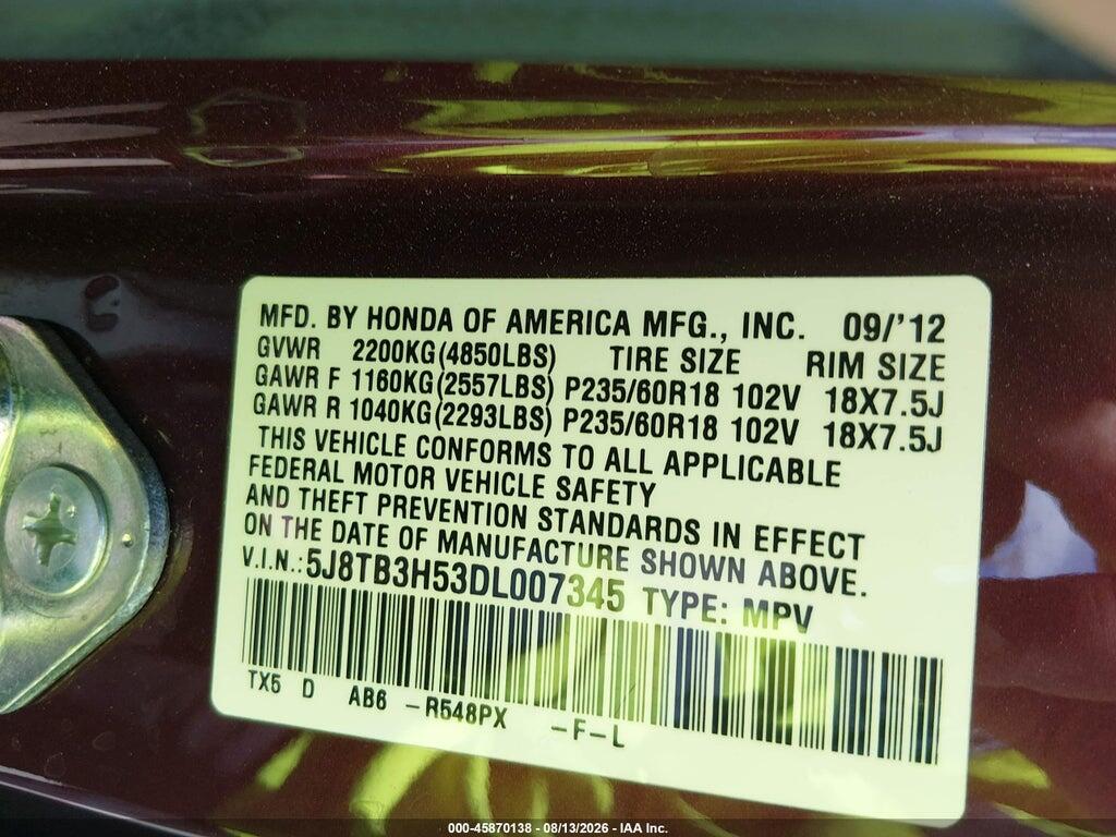 5J8TB3H53DL007345 2013 ACURA RDX photo no. 9