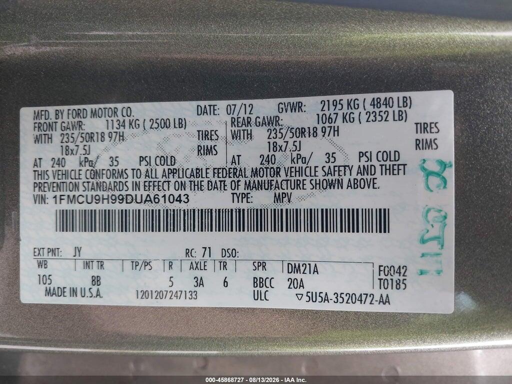 1FMCU9H99DUA61043 2013 FORD ESCAPE photo no. 9
