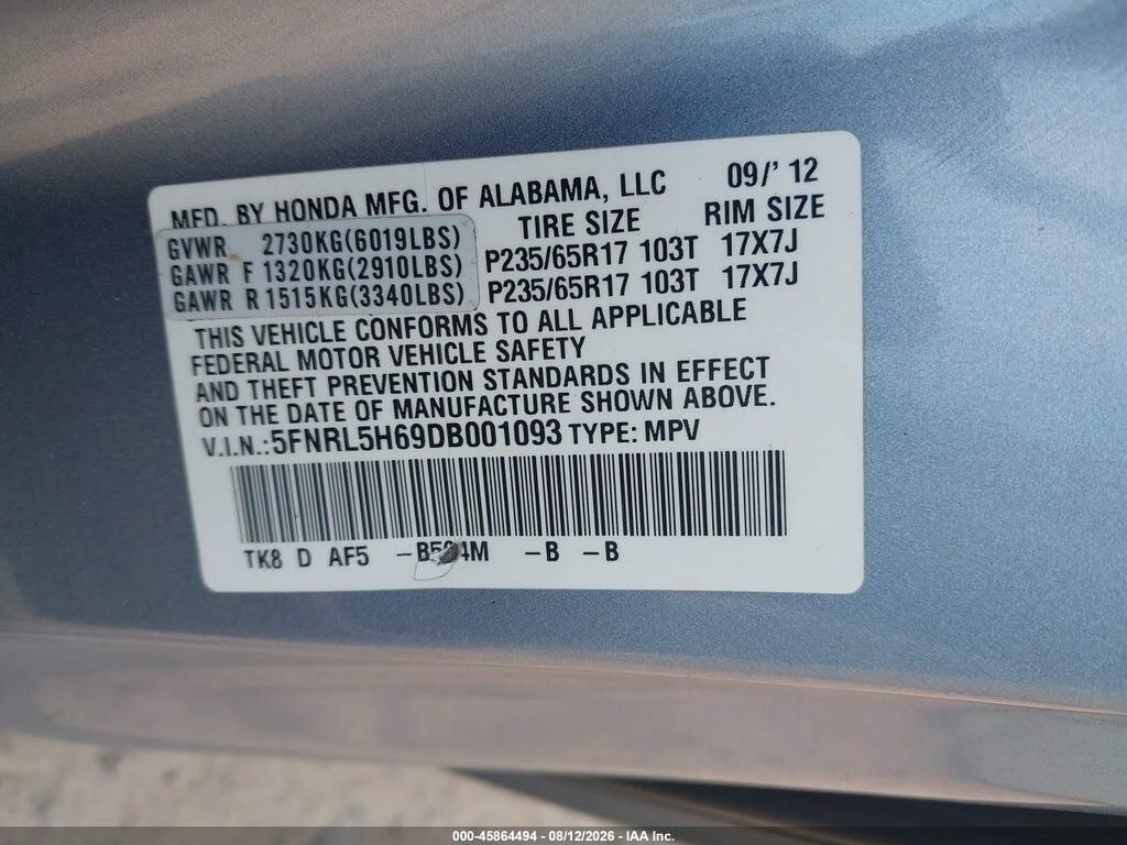5FNRL5H69DB001093 2013 HONDA ODYSSEY photo no. 9