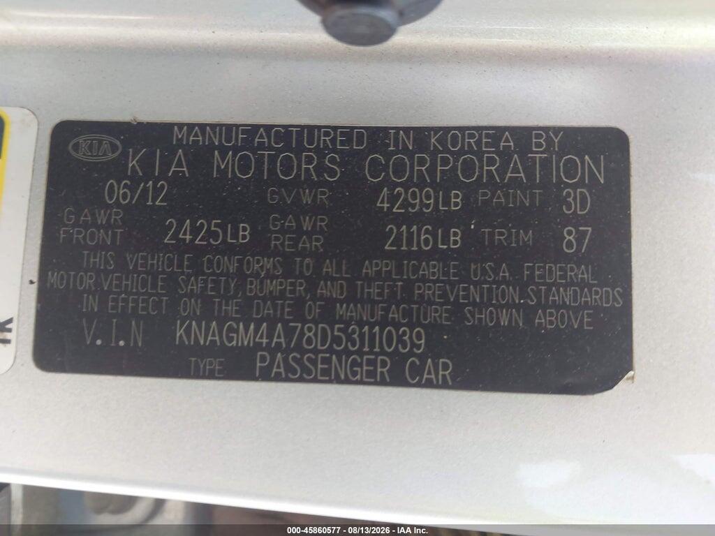 KNAGM4A78D5311039 2013 KIA OPTIMA photo no. 9