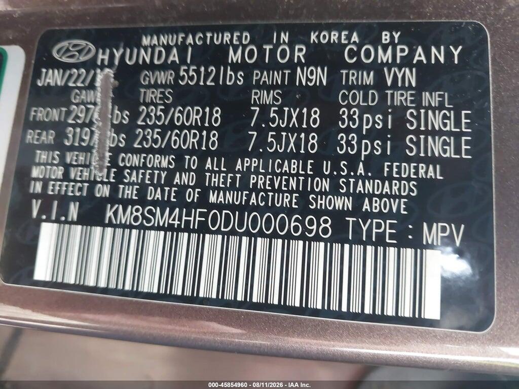 KM8SM4HF0DU000698 2013 HYUNDAI SANTA FE photo no. 9