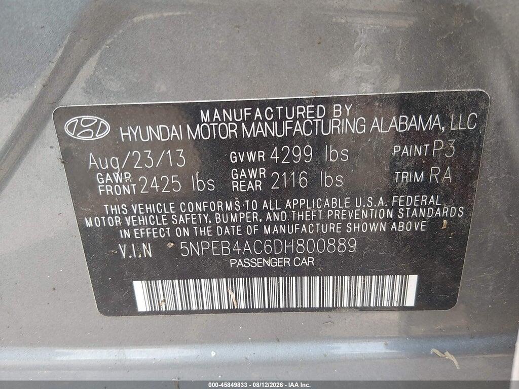 5NPEB4AC6DH800889 2013 HYUNDAI SONATA photo no. 9