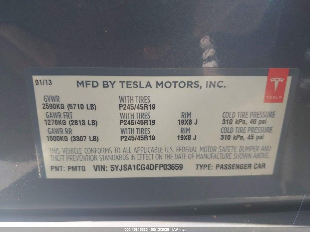 5YJSA1CG4DFP03659 2013 TESLA MODEL S photo no. 9