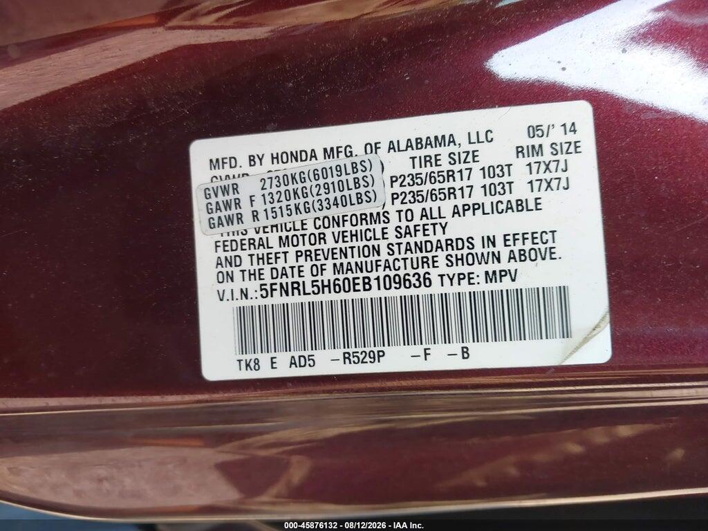 5FNRL5H60EB109636 2014 HONDA ODYSSEY photo no. 9