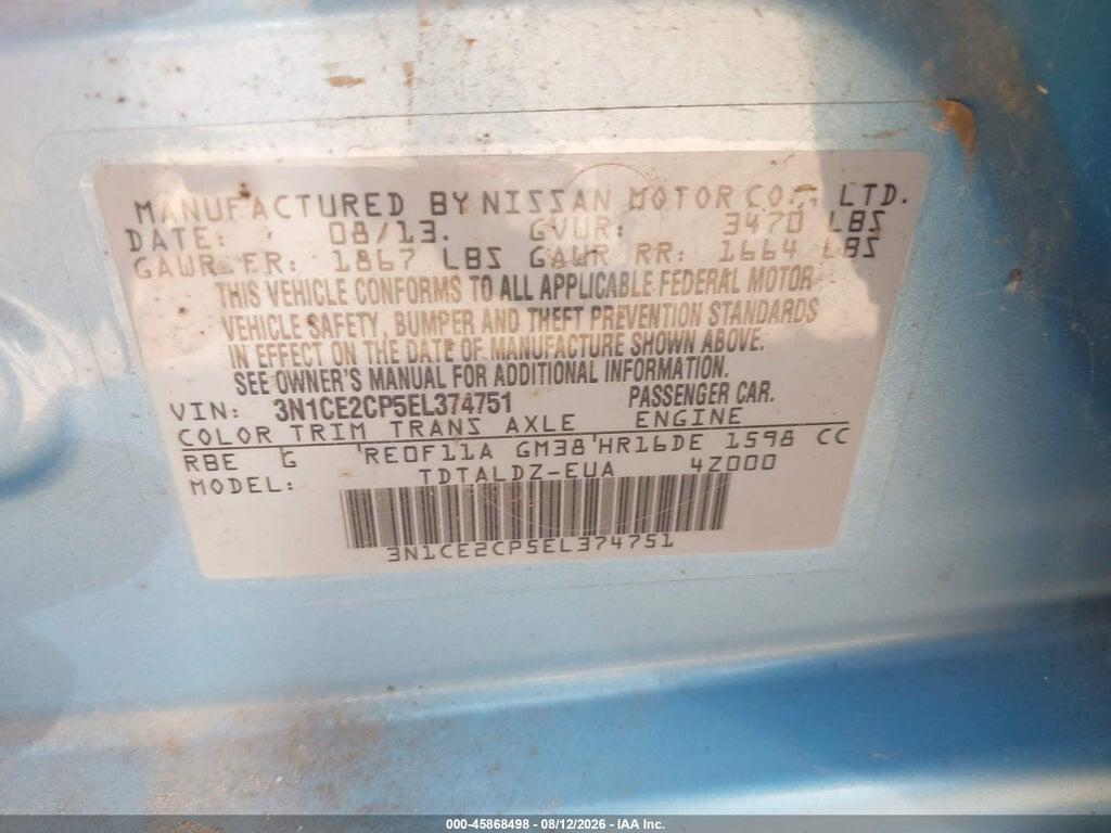 3N1CE2CP5EL374751 2014 NISSAN VERSA NOTE photo no. 9