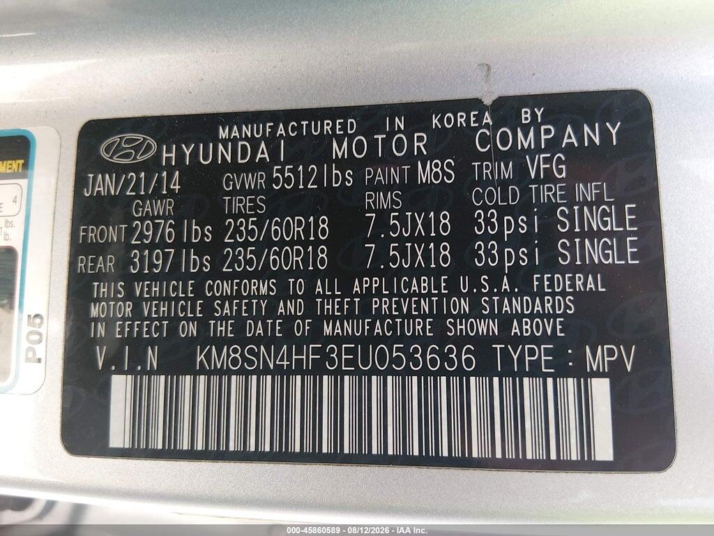 KM8SN4HF3EU053636 2014 HYUNDAI SANTA FE photo no. 9