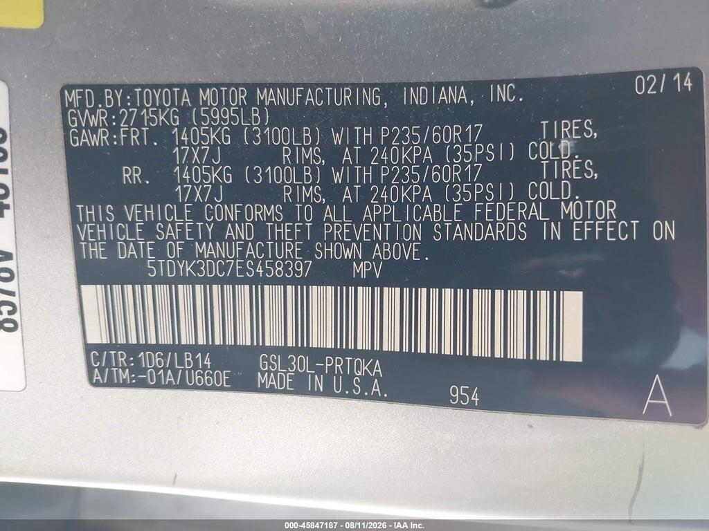 5TDYK3DC7ES458397 2014 TOYOTA SIENNA photo no. 9
