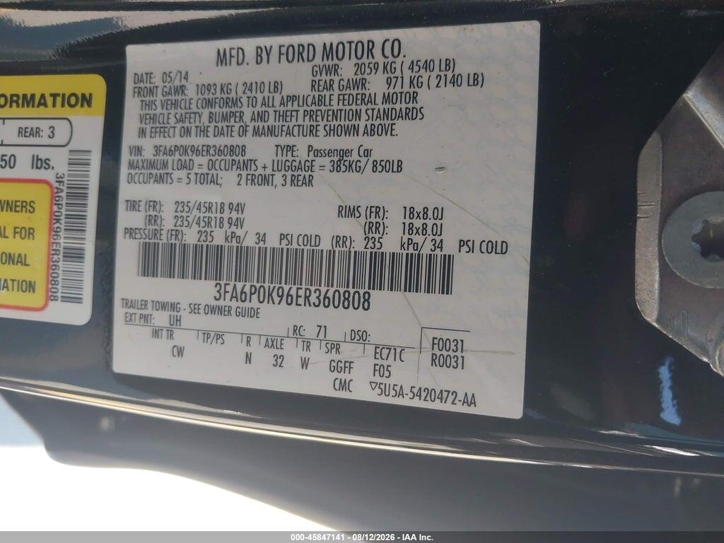 3FA6P0K96ER360808 2014 FORD FUSION photo no. 9