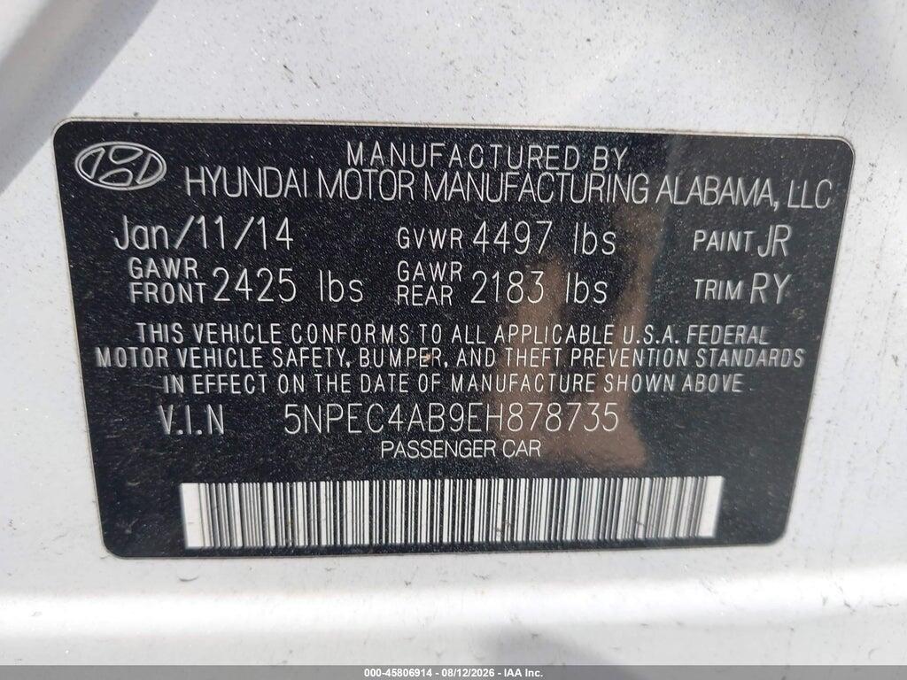 5NPEC4AB9EH878735 2014 HYUNDAI SONATA photo no. 9
