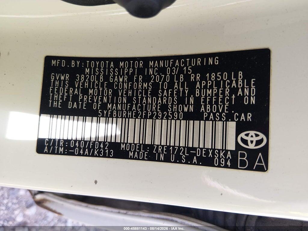 5YFBURHE2FP292590 2015 TOYOTA COROLLA photo no. 9