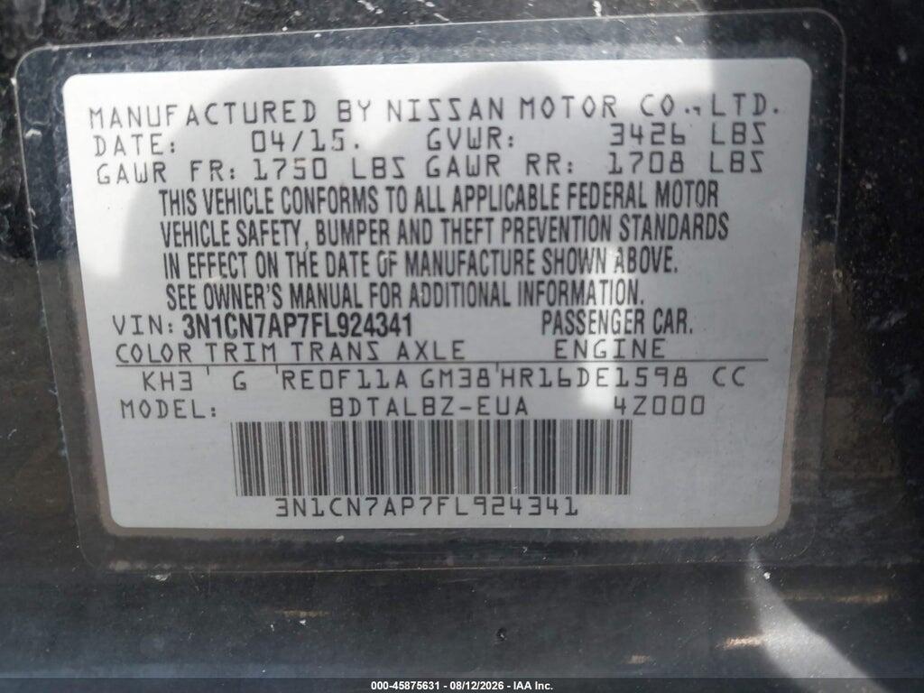 3N1CN7AP7FL924341 2015 NISSAN VERSA photo no. 9