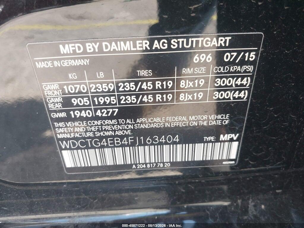 WDCTG4EB4FJ163404 2015 MERCEDES-BENZ GLA 250 photo no. 9