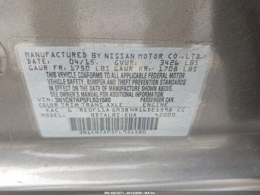 3N1CN7AP5FL931580 2015 NISSAN VERSA photo no. 9