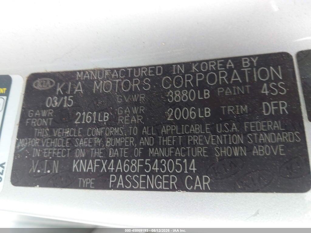 KNAFX4A68F5430514 2015 KIA FORTE photo no. 9