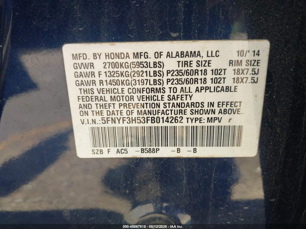 5FNYF3H53FB014262 2015 HONDA PILOT photo no. 9