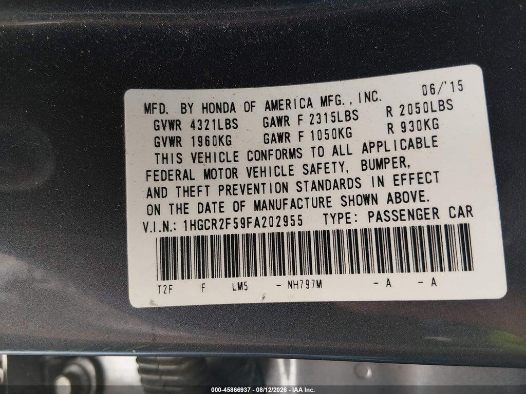 1HGCR2F59FA202955 2015 HONDA ACCORD photo no. 9