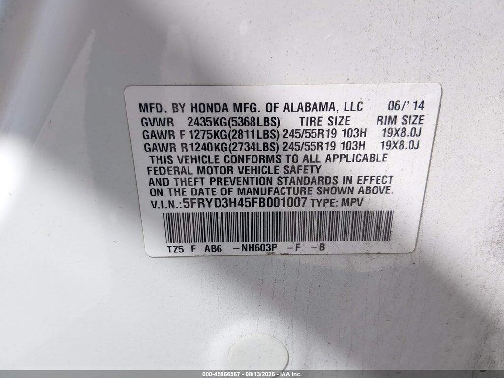 5FRYD3H45FB001007 2015 ACURA MDX photo no. 9