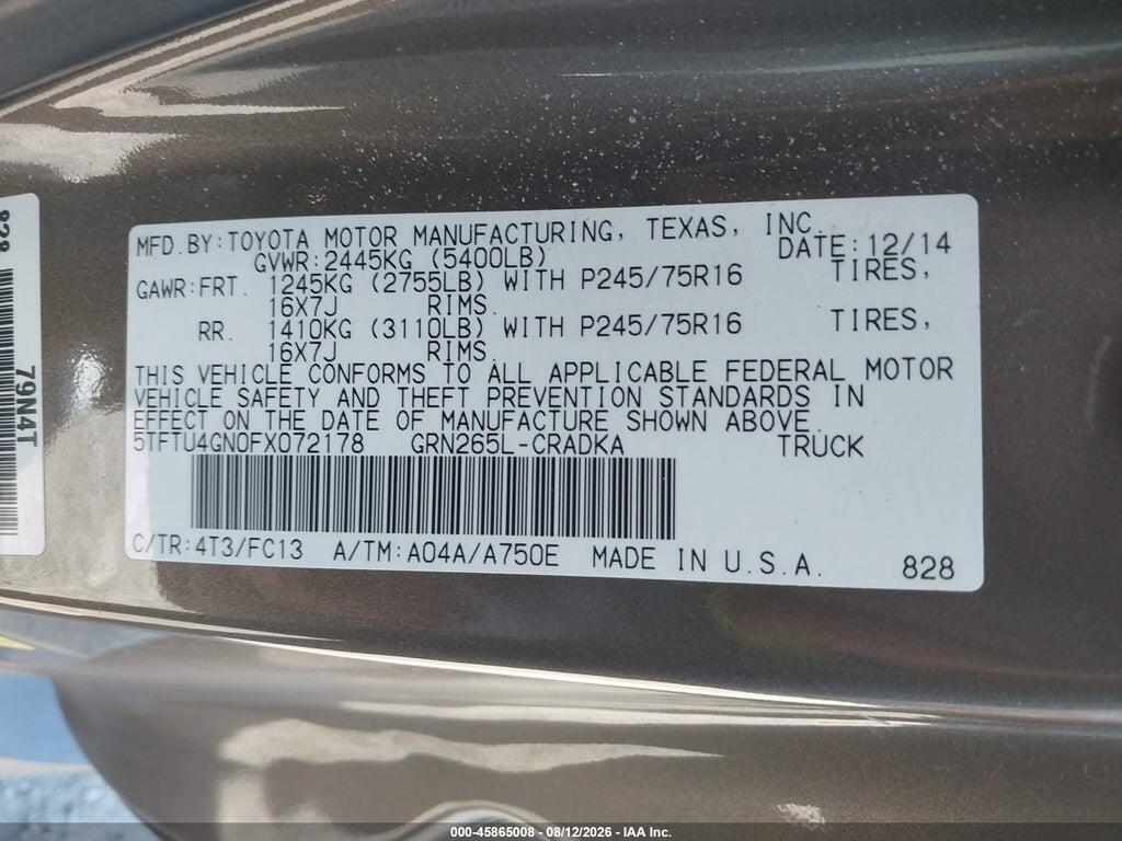 5TFTU4GN0FX072178 2015 TOYOTA TACOMA photo no. 9