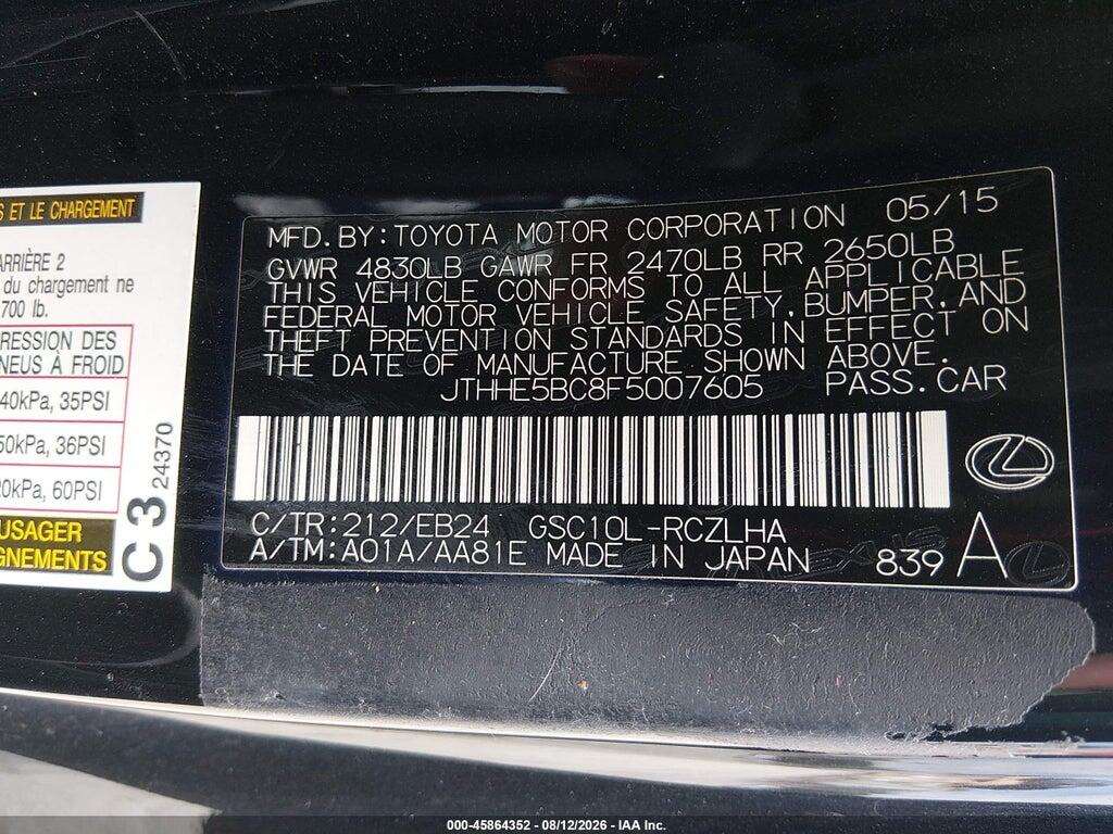 JTHHE5BC8F5007605 2015 LEXUS RC 350 photo no. 9