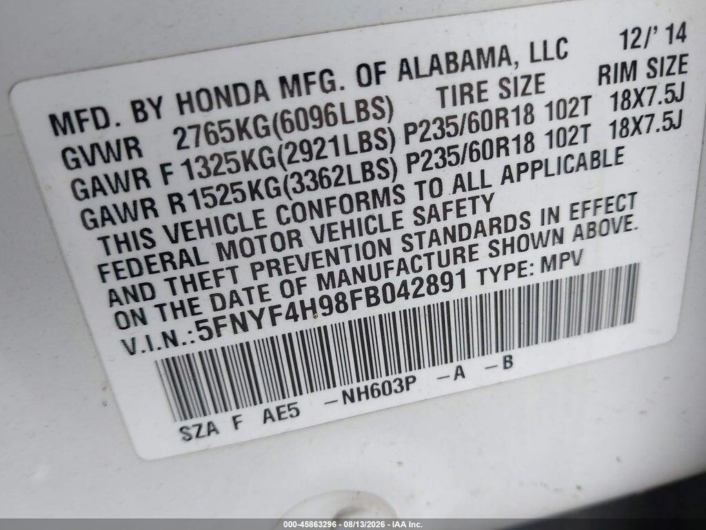 5FNYF4H98FB042891 2015 HONDA PILOT photo no. 9