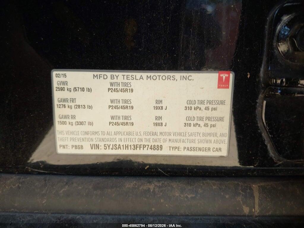 5YJSA1H13FFP74889 2015 TESLA MODEL S photo no. 9