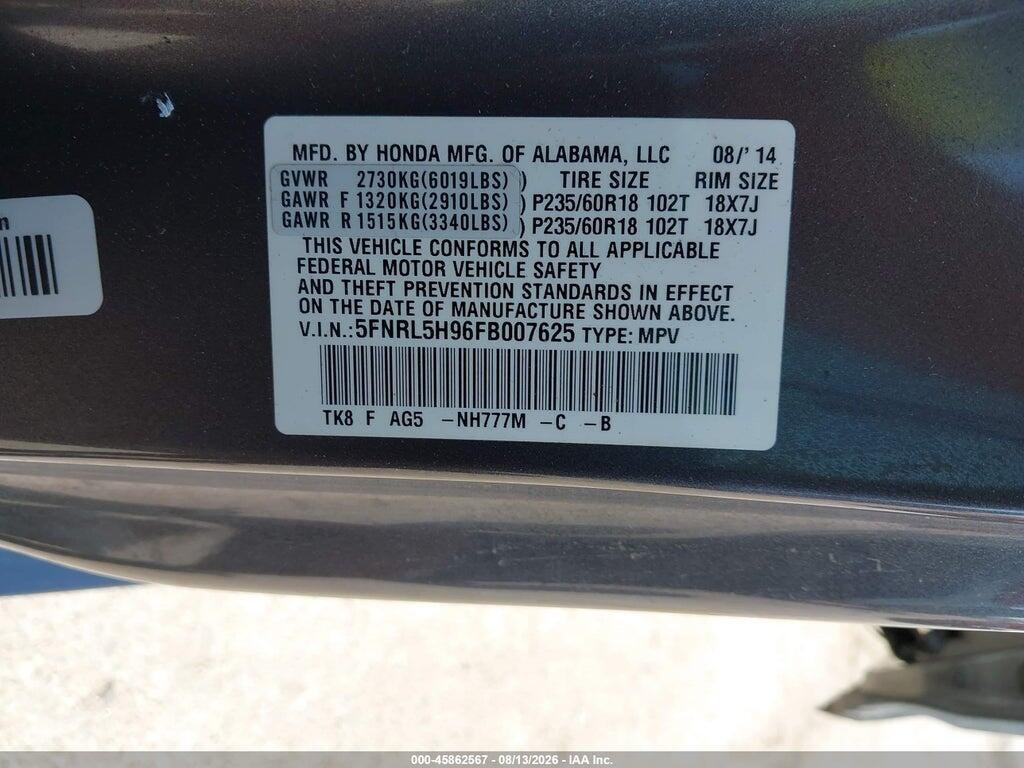 5FNRL5H96FB007625 2015 HONDA ODYSSEY photo no. 9