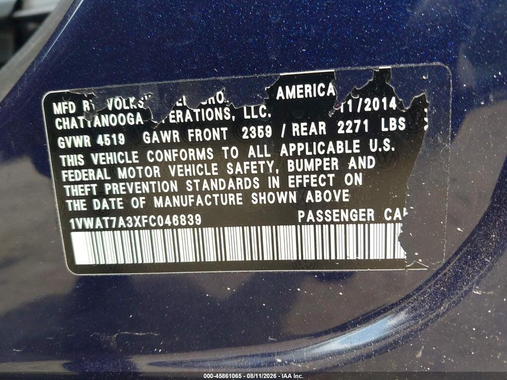 1VWAT7A3XFC046839 2015 VOLKSWAGEN PASSAT photo no. 9