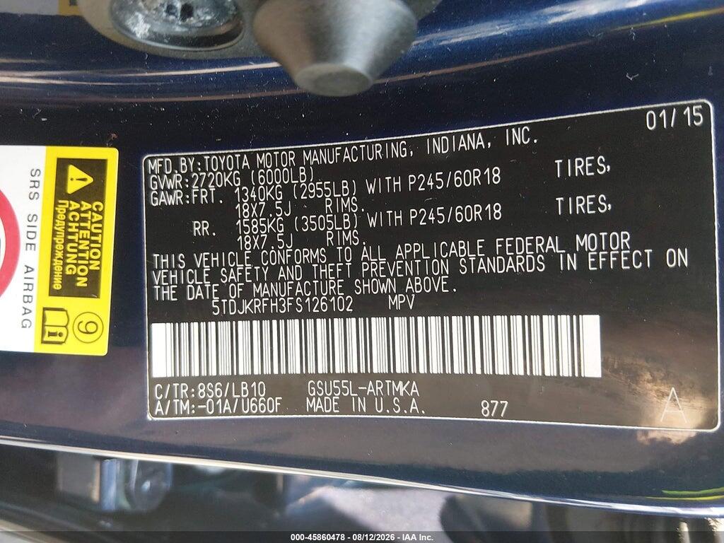 5TDJKRFH3FS126102 2015 TOYOTA HIGHLANDER photo no. 9