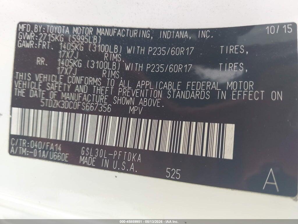 5TDZK3DC0FS667356 2015 TOYOTA SIENNA photo no. 9
