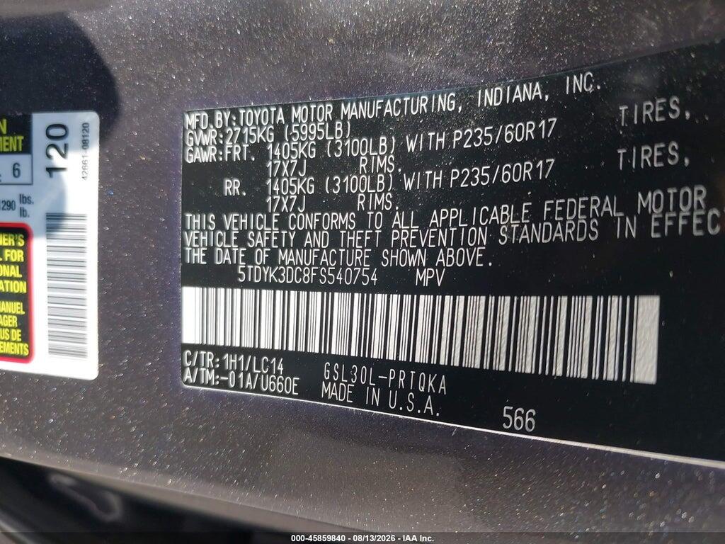 5TDYK3DC8FS540754 2015 TOYOTA SIENNA photo no. 9