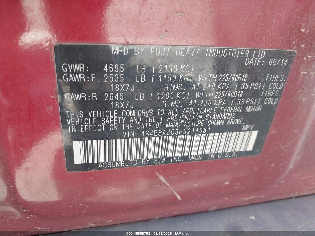 4S4BSAJC3F3214081 2015 SUBARU OUTBACK photo no. 9