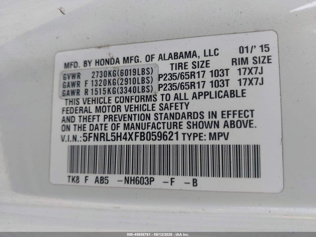 5FNRL5H4XFB059621 2015 HONDA ODYSSEY photo no. 9