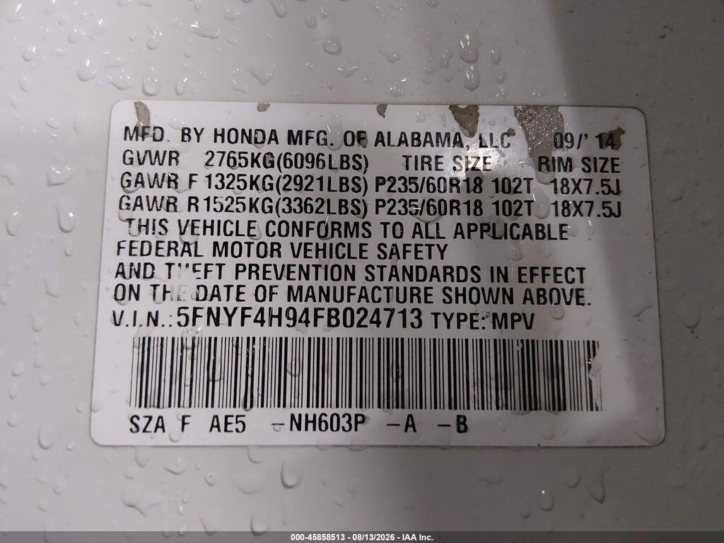 5FNYF4H94FB024713 2015 HONDA PILOT photo no. 9