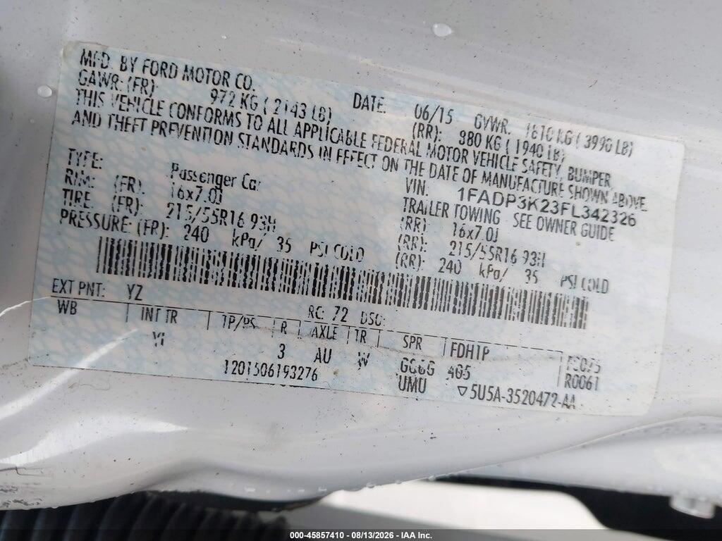 1FADP3K23FL342326 2015 FORD FOCUS photo no. 9