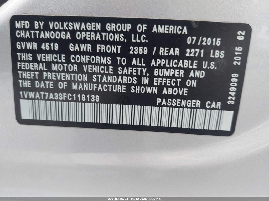 1VWAT7A33FC118139 2015 VOLKSWAGEN PASSAT photo no. 9